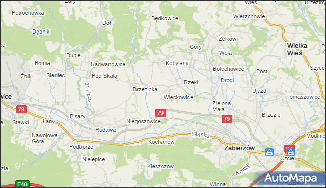 mapa Więckowice gmina Zabierzów, Więckowice gmina Zabierzów na mapie Targeo