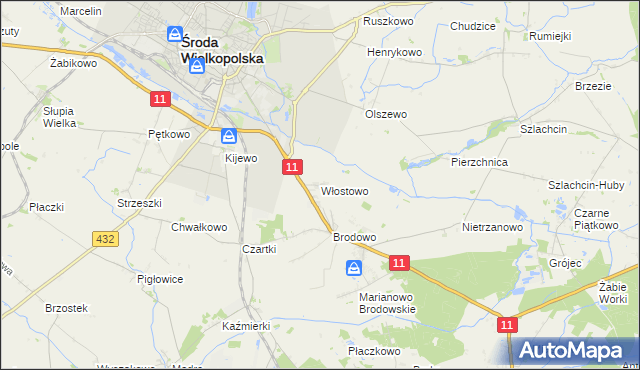 mapa Włostowo gmina Środa Wielkopolska, Włostowo gmina Środa Wielkopolska na mapie Targeo