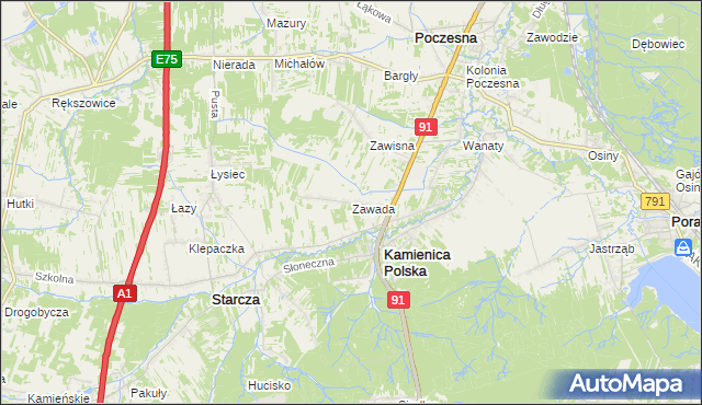 mapa Zawada gmina Kamienica Polska, Zawada gmina Kamienica Polska na mapie Targeo