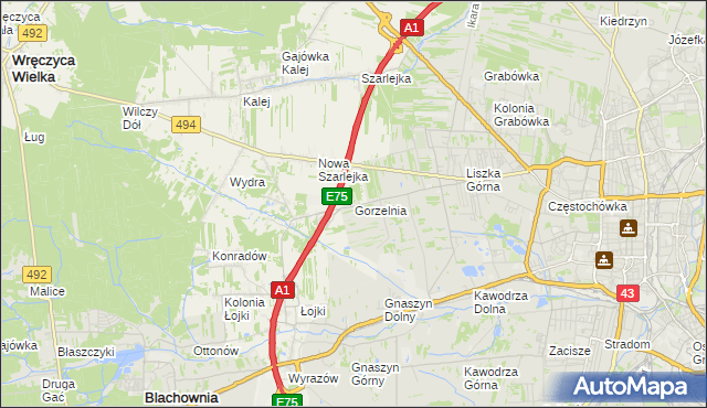 mapa Gorzelnia gmina Blachownia, Gorzelnia gmina Blachownia na mapie Targeo