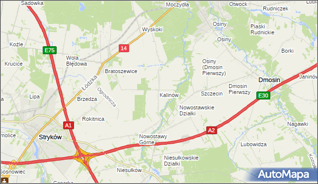 mapa Kalinów gmina Stryków, Kalinów gmina Stryków na mapie Targeo
