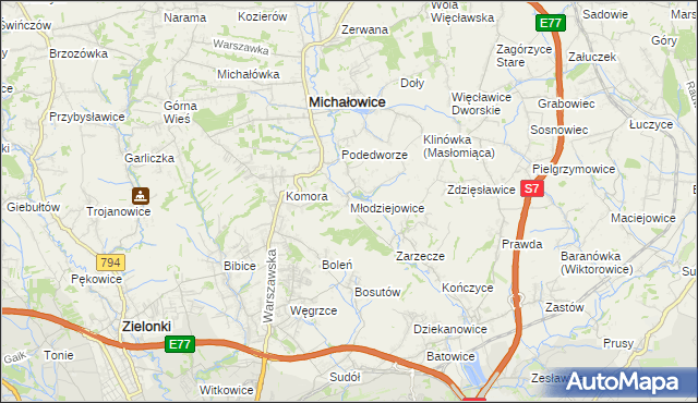 mapa Młodziejowice gmina Michałowice, Młodziejowice gmina Michałowice na mapie Targeo