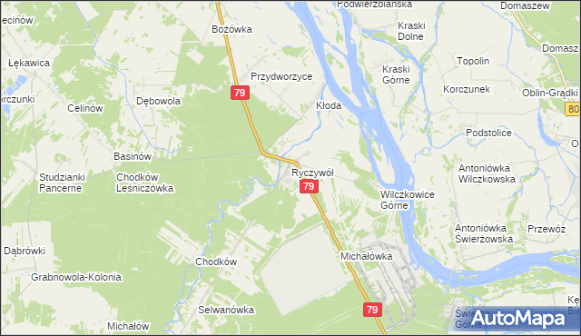 mapa Ryczywół gmina Kozienice, Ryczywół gmina Kozienice na mapie Targeo