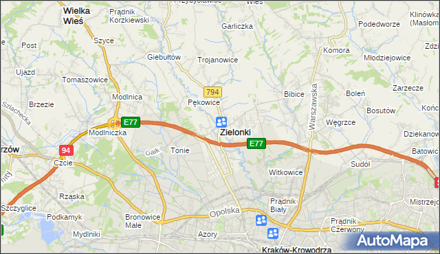 mapa Zielonki powiat krakowski, Zielonki powiat krakowski na mapie Targeo