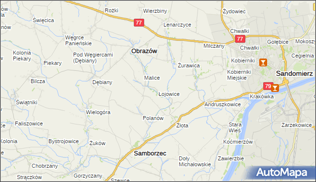 mapa Łojowice gmina Samborzec, Łojowice gmina Samborzec na mapie Targeo