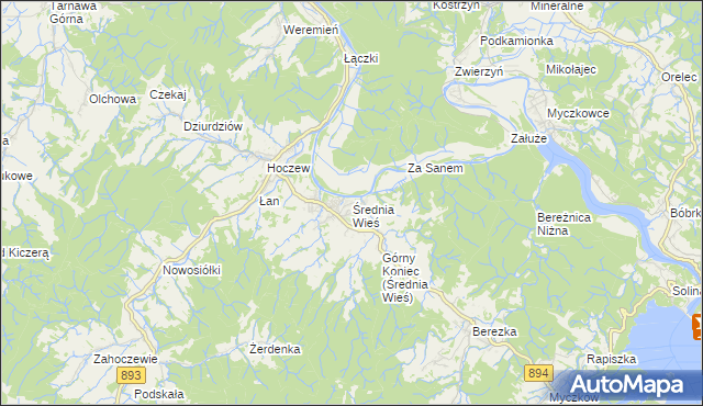 mapa Średnia Wieś gmina Lesko, Średnia Wieś gmina Lesko na mapie Targeo