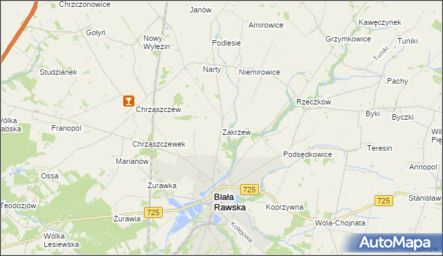 mapa Zakrzew gmina Biała Rawska, Zakrzew gmina Biała Rawska na mapie Targeo