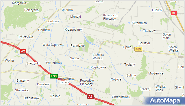 mapa Leźnica Wielka, Leźnica Wielka na mapie Targeo