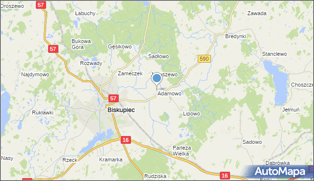 mapa Adamowo, Adamowo gmina Biskupiec na mapie Targeo