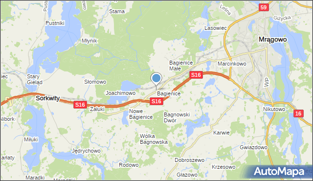 mapa Bagienice, Bagienice gmina Mrągowo na mapie Targeo