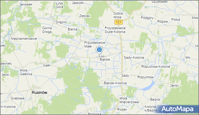 mapa Bąków, Bąków gmina Rusinów na mapie Targeo