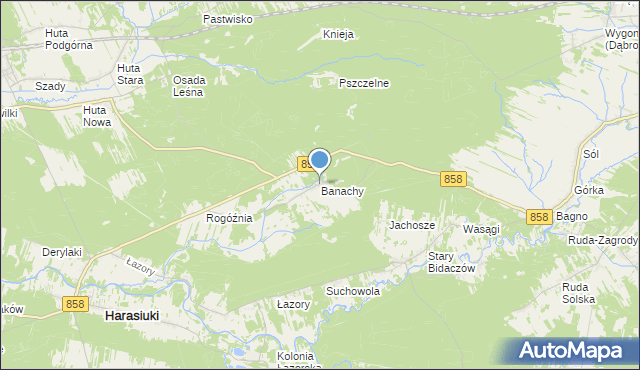 mapa Banachy, Banachy gmina Harasiuki na mapie Targeo