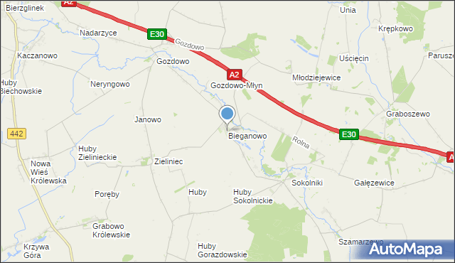 mapa Bieganowo, Bieganowo gmina Kołaczkowo na mapie Targeo