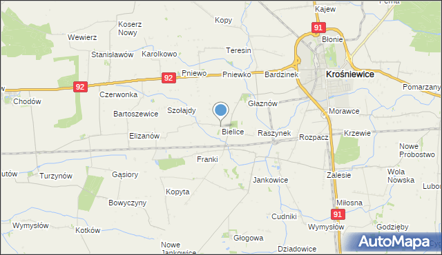 mapa Bielice, Bielice gmina Krośniewice na mapie Targeo