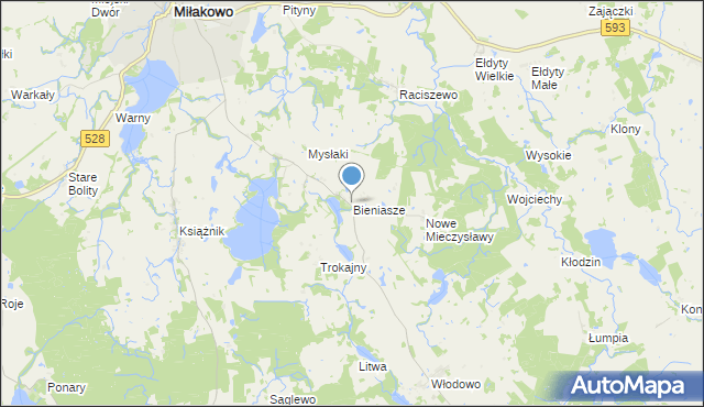 mapa Bieniasze, Bieniasze gmina Miłakowo na mapie Targeo