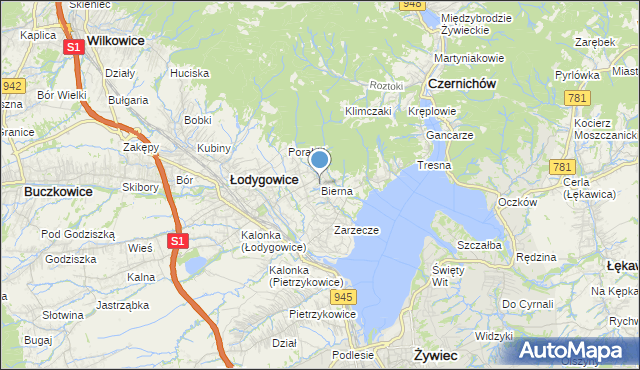 mapa Bierna, Bierna gmina Łodygowice na mapie Targeo