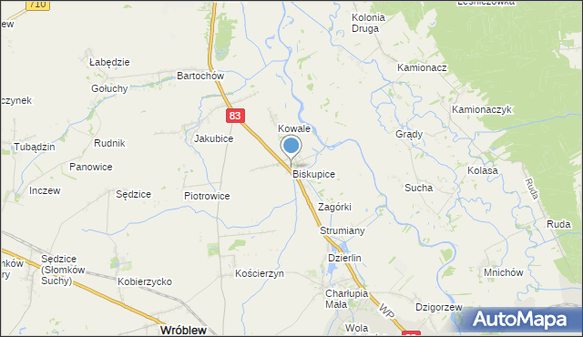 mapa Biskupice, Biskupice gmina Sieradz na mapie Targeo