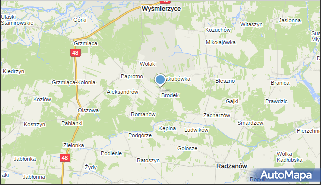 mapa Brodek, Brodek gmina Wyśmierzyce na mapie Targeo