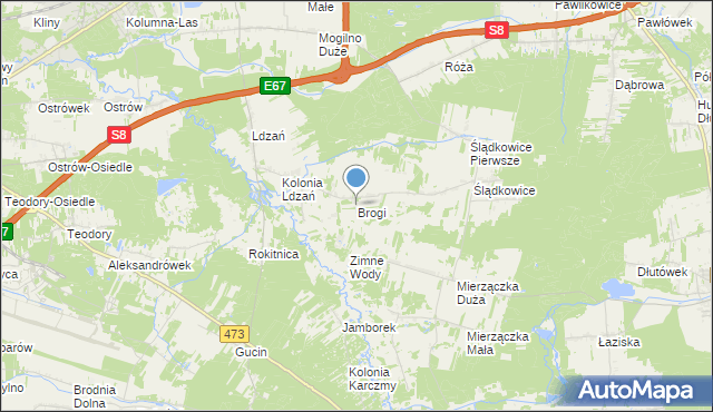 mapa Brogi, Brogi gmina Dobroń na mapie Targeo