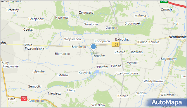 mapa Bronów, Bronów gmina Wartkowice na mapie Targeo