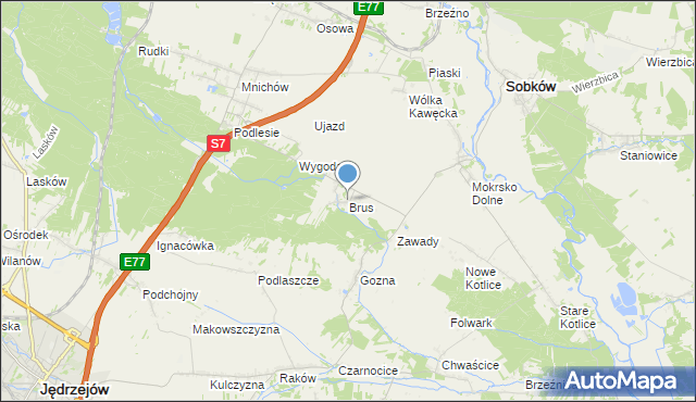 mapa Brus, Brus gmina Jędrzejów na mapie Targeo