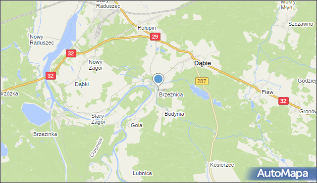 mapa Brzeźnica, Brzeźnica gmina Dąbie na mapie Targeo