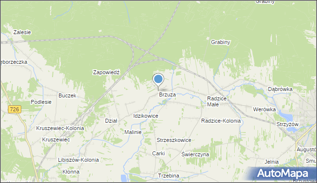 mapa Brzuza, Brzuza gmina Drzewica na mapie Targeo