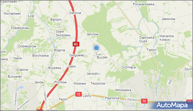 mapa Buczek, Buczek gmina Brzeziny na mapie Targeo
