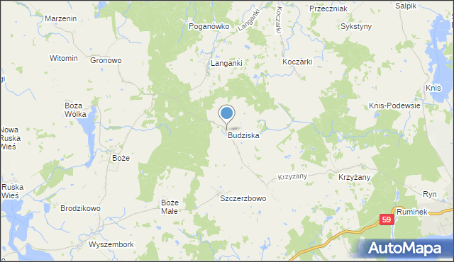 mapa Budziska, Budziska gmina Mrągowo na mapie Targeo