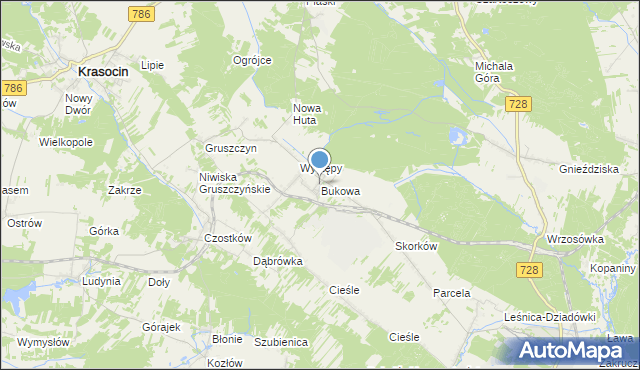 mapa Bukowa, Bukowa gmina Krasocin na mapie Targeo