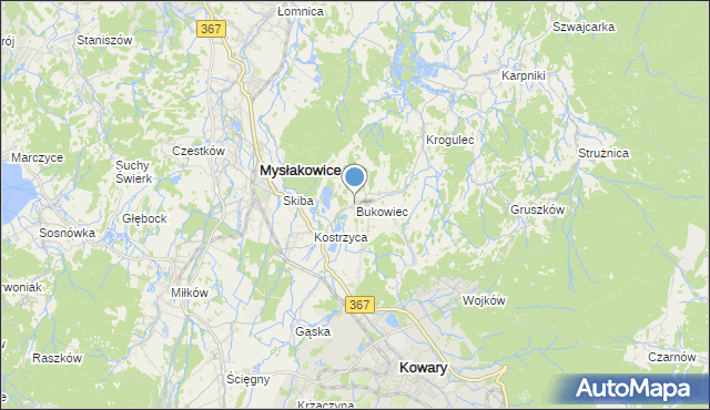 mapa Bukowiec, Bukowiec gmina Mysłakowice na mapie Targeo