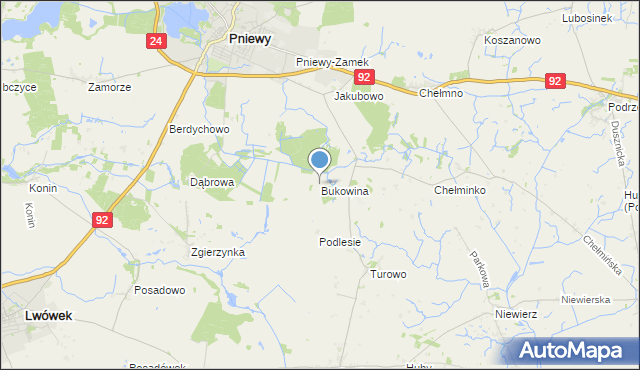 mapa Bukowina, Bukowina gmina Pniewy na mapie Targeo