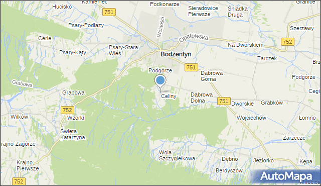 mapa Celiny, Celiny gmina Bodzentyn na mapie Targeo