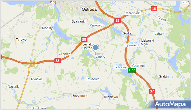 mapa Cibory, Cibory gmina Ostróda na mapie Targeo