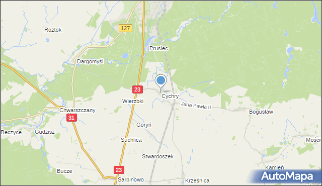 mapa Cychry, Cychry gmina Dębno na mapie Targeo