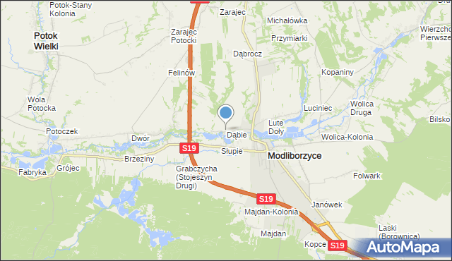 mapa Dąbie, Dąbie gmina Modliborzyce na mapie Targeo