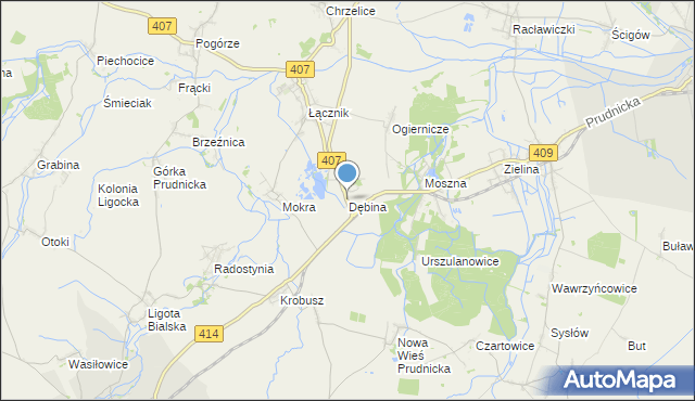 mapa Dębina, Dębina gmina Biała na mapie Targeo