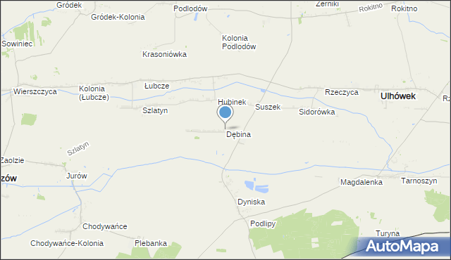 mapa Dębina, Dębina gmina Ulhówek na mapie Targeo