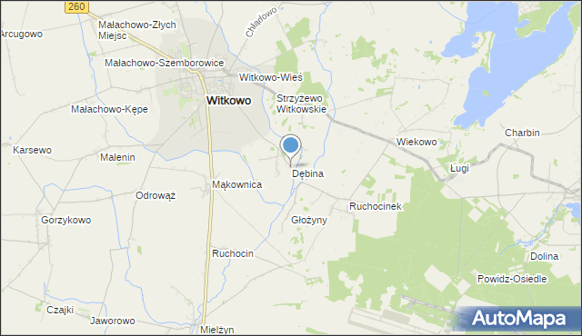 mapa Dębina, Dębina gmina Witkowo na mapie Targeo