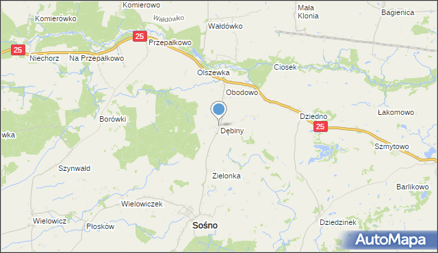 mapa Dębiny, Dębiny gmina Sośno na mapie Targeo