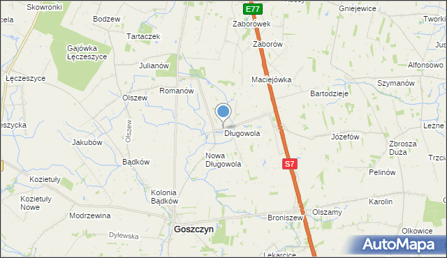 mapa Długowola, Długowola gmina Goszczyn na mapie Targeo