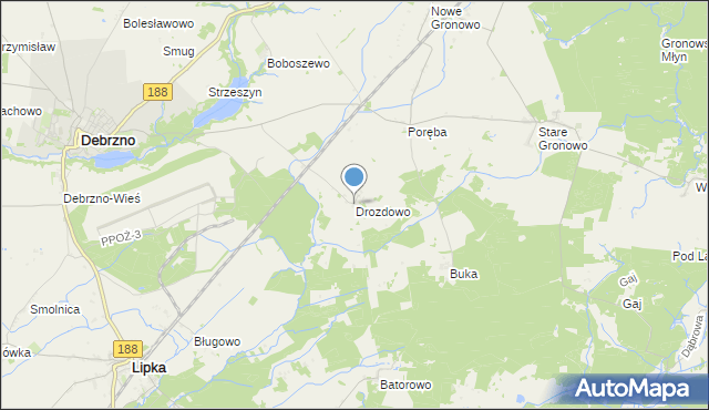 mapa Drozdowo, Drozdowo gmina Debrzno na mapie Targeo