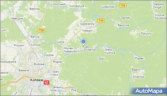 mapa Drutarnia, Drutarnia gmina Końskie na mapie Targeo