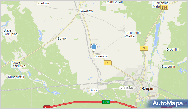 mapa Drzeńsko, Drzeńsko gmina Rzepin na mapie Targeo