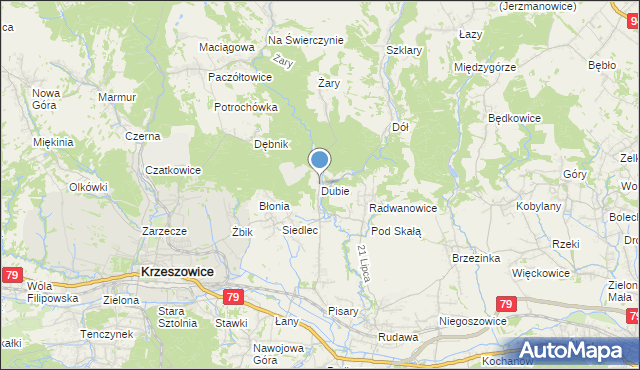 mapa Dubie, Dubie gmina Krzeszowice na mapie Targeo