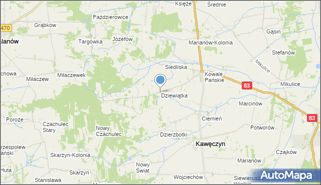 mapa Dziewiątka, Dziewiątka gmina Kawęczyn na mapie Targeo