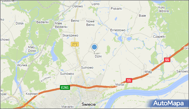 mapa Dziki, Dziki gmina Świecie na mapie Targeo