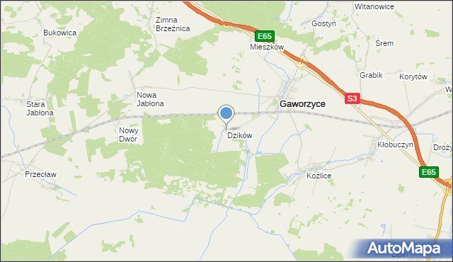 mapa Dzików, Dzików gmina Gaworzyce na mapie Targeo