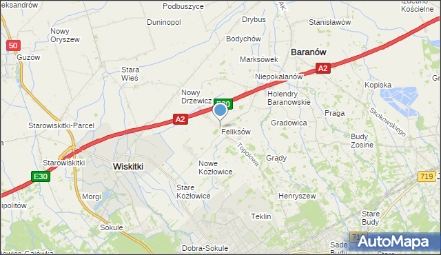 mapa Feliksów, Feliksów gmina Wiskitki na mapie Targeo