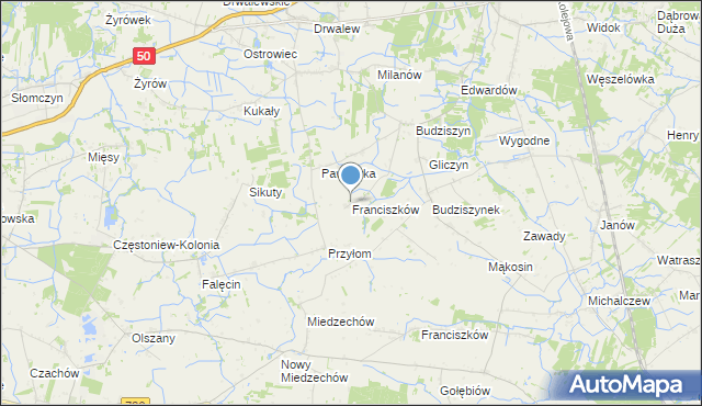 mapa Franciszków, Franciszków gmina Chynów na mapie Targeo